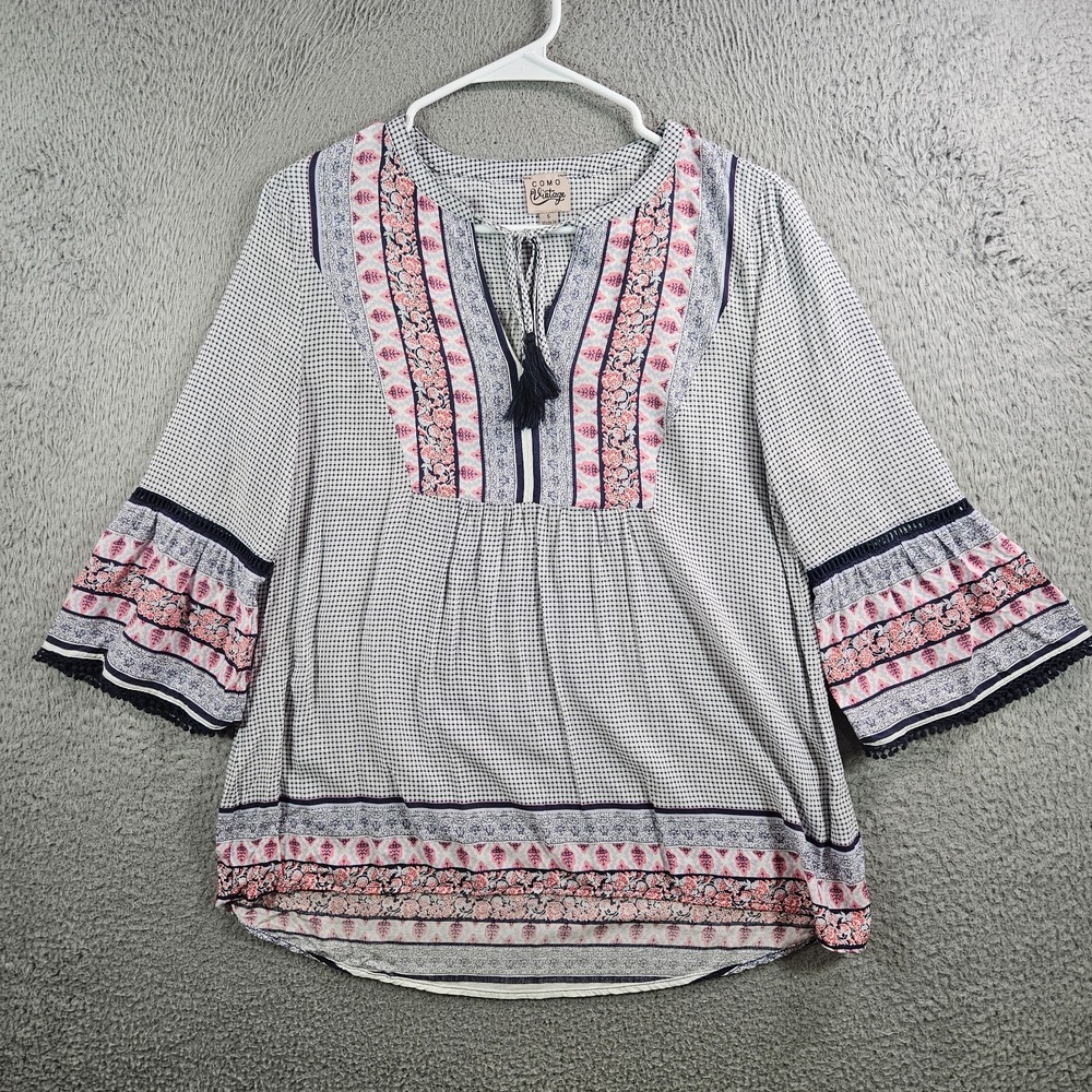 Como Vintage Top Blouse Women Small Tie Neck‎ Tassel White Blue Pink